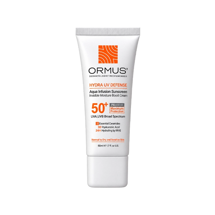 کرم ضد آفتاب آبرسان بی رنگ پوست های خشک و معمولی اورموس SPF50 حجم 50 میلی لیتر