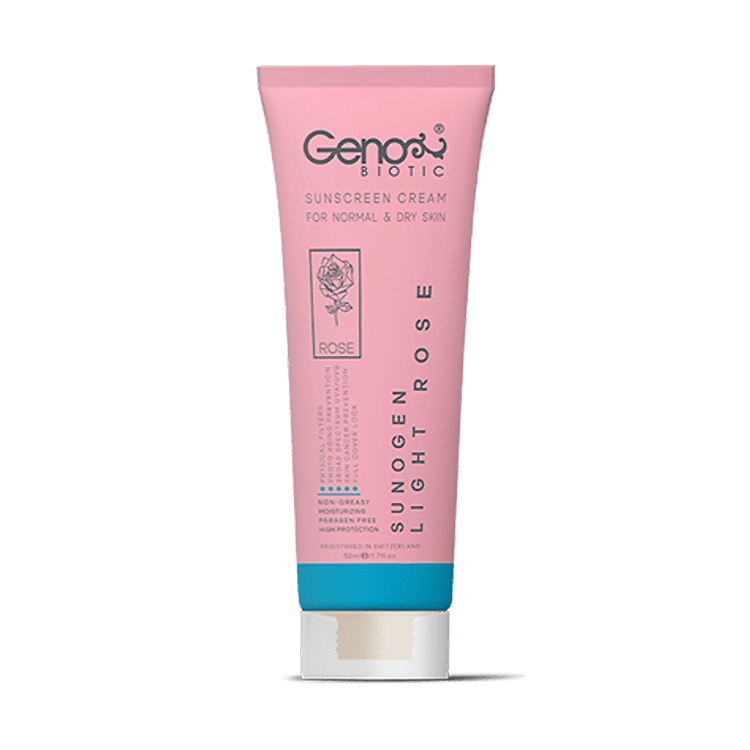 کرم ضد آفتاب رز روشن پوست های خشک و معمولی سانوژن ژنوبایوتیک SPF50 حجم 50 میلی لیتر