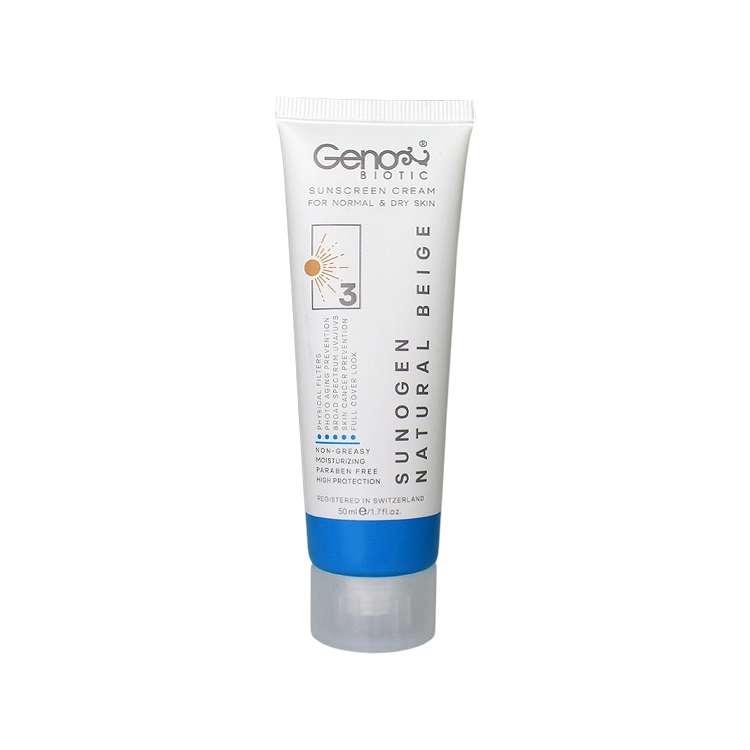 کرم ضد آفتاب بژ طبیعی پوست های خشک و معمولی سانوژن ژنوبایوتیک SPF50 حجم 50 میلی لیتر